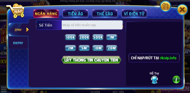 Hướng dẫn nạp tiền qua ngân hàng tại Rikvip.
