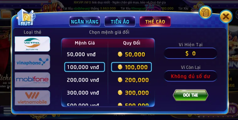 Rút tiền bằng thẻ cào tại Rikvip phương thức nhanh chóng an toàn tiện lợi được ưu tiện lựa chọn.